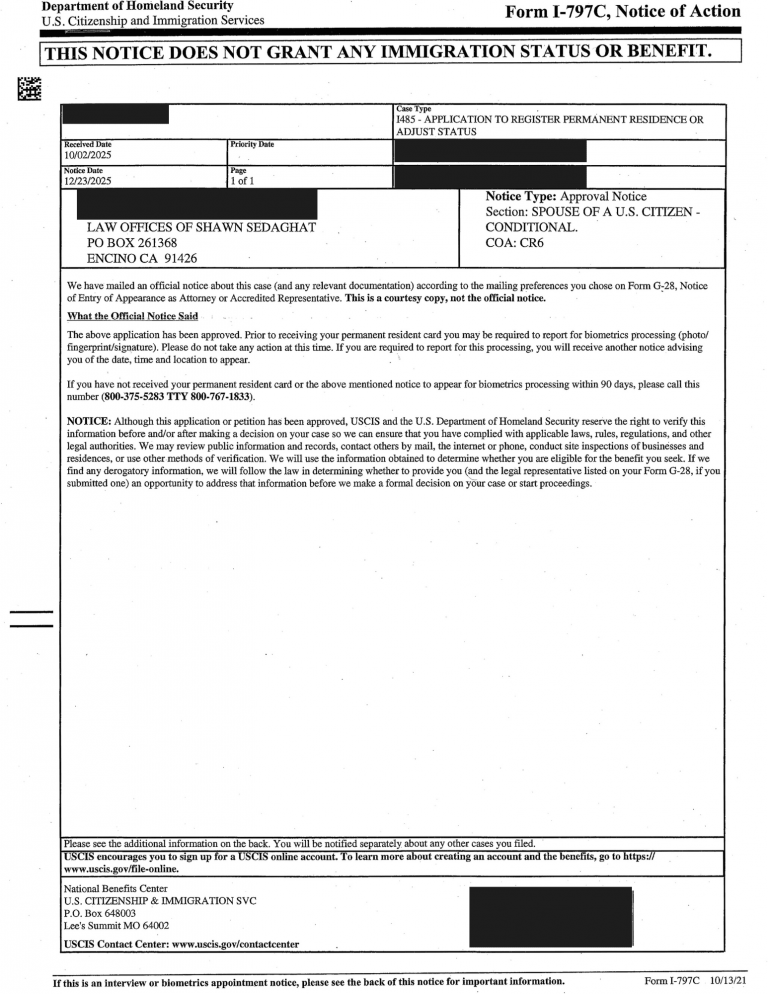 Spouse of a U.S. Citizen – Conditional - Approved December 2025