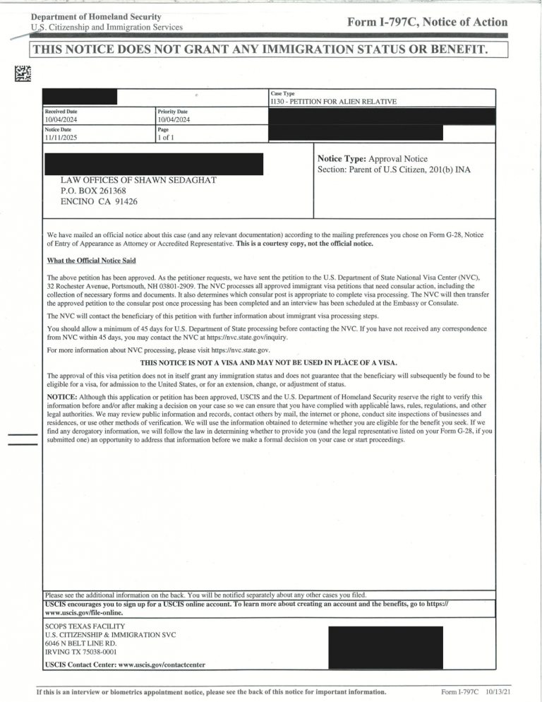 Parent of U.S. Citizen (Immediate Relative – IR Category) - Approved November 2025