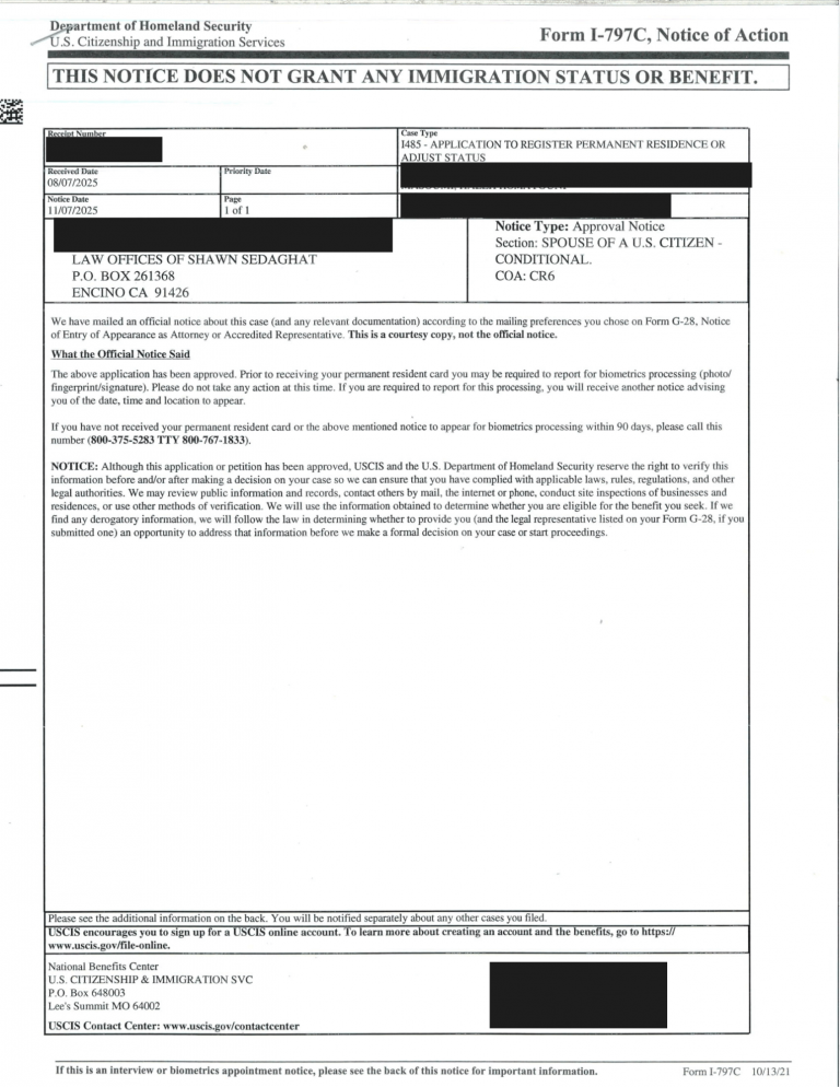 CR6 (Conditional Permanent Resident – Spouse of U.S. Citizen) - Approved November 2025