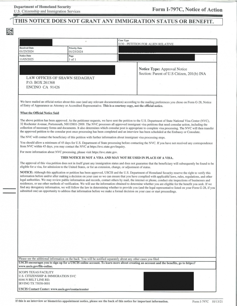 Parent of U.S. Citizen (Immediate Relative – IR Category) - Approved November 2025